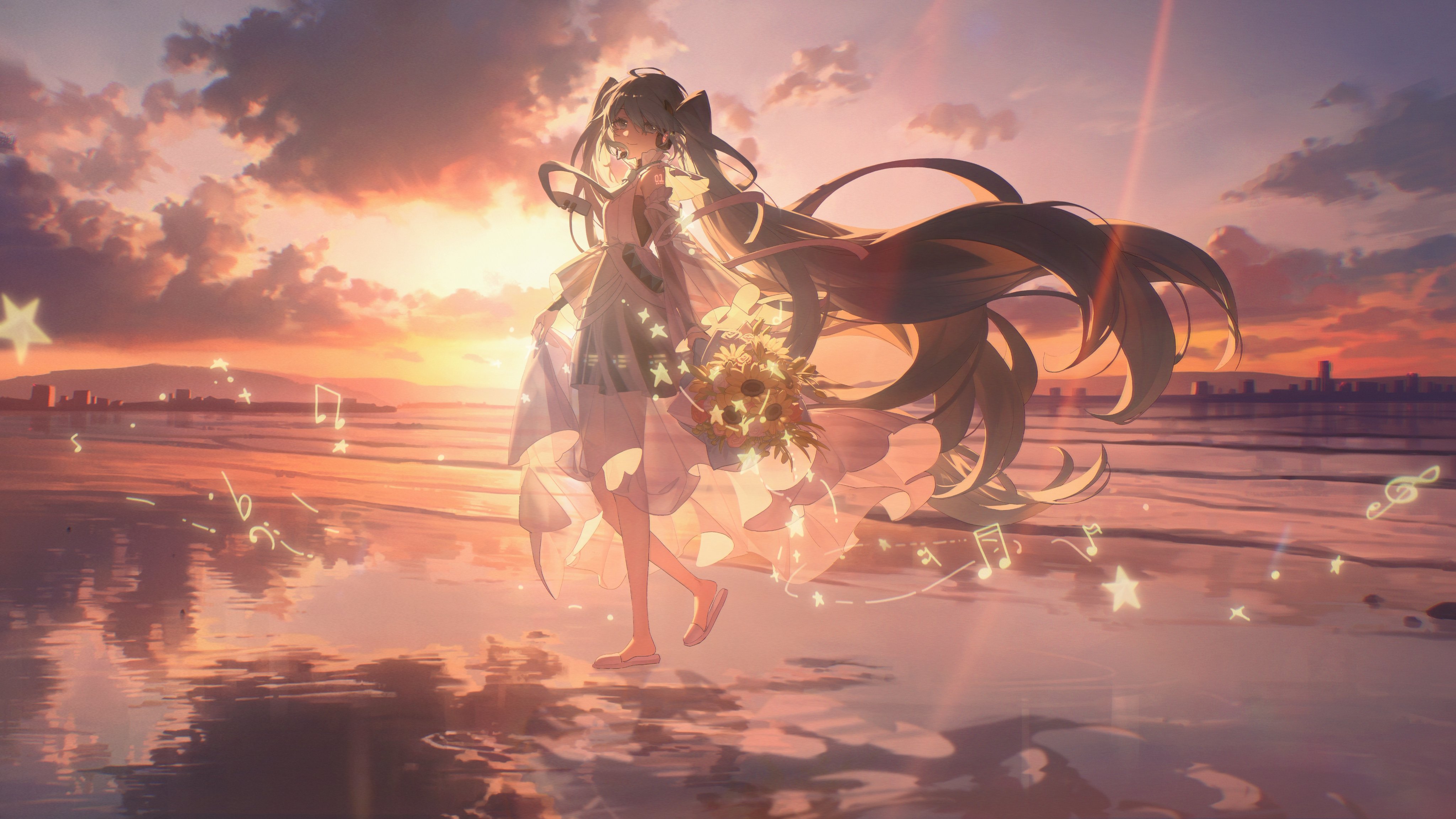 an animestyle image depicts a woman in a white dress walking on a beach at sunset. she carries a bouquet of sunflowers. music notes and stars float around her. the sky is filled with colorful clouds, and the city skyline is visible in the distance. the wet sand reflects the colors of the sky.
