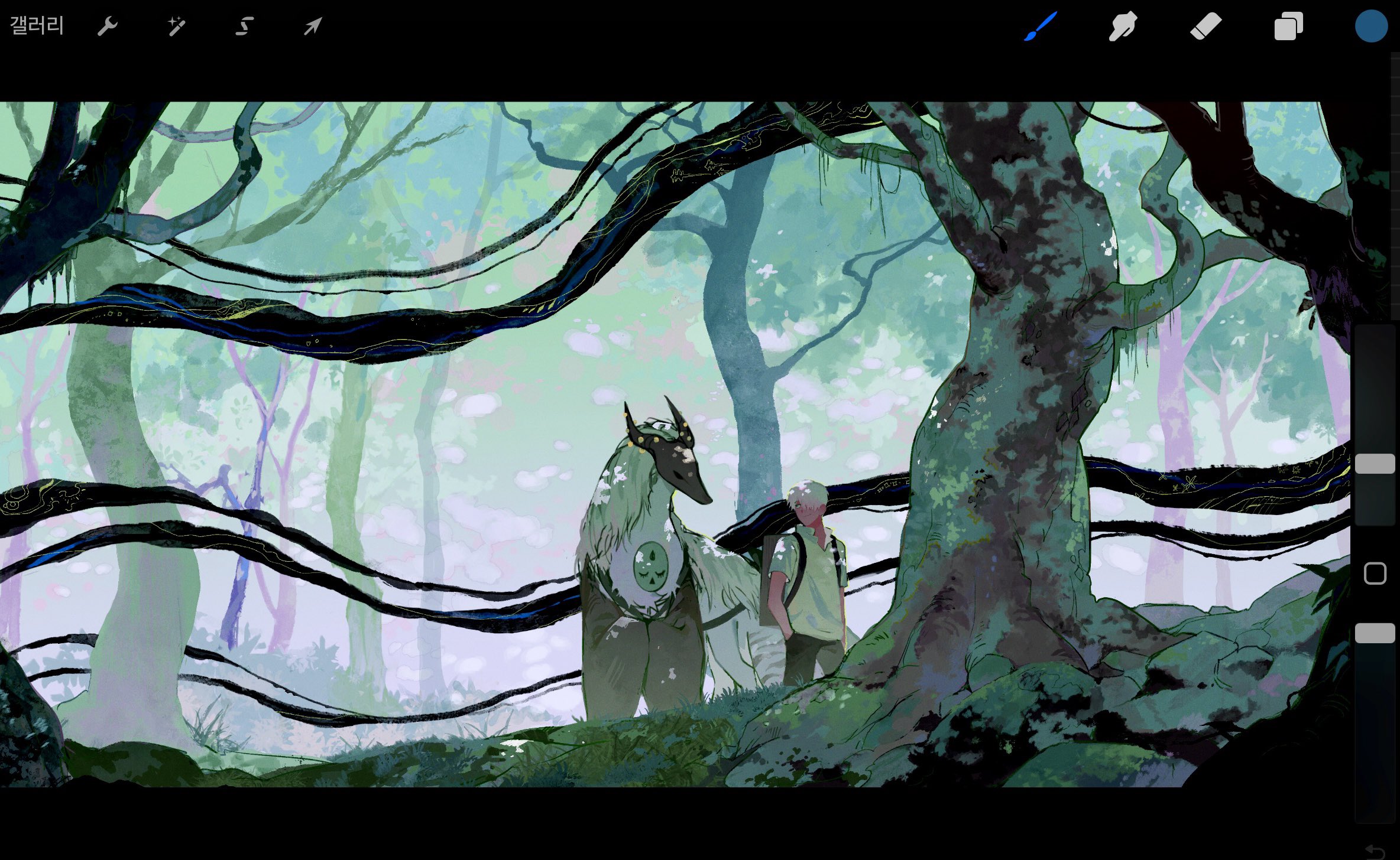 the image depicts a young person with short, light hair standing on a path in a magicallooking forest. they are accompanied by a large, majestic creature resembling a dog with long, flowing fur, a crownlike headpiece, and a circular shieldlike object on its side. the forest is dense with tall trees and thick, winding vines. the overall lighting is soft and ethereal, with a gentle backlight filtering through the trees and casting a dreamlike glow on the scene. the image evokes a sense of wonder, adventure, and companionship within a mystical natural setting.
