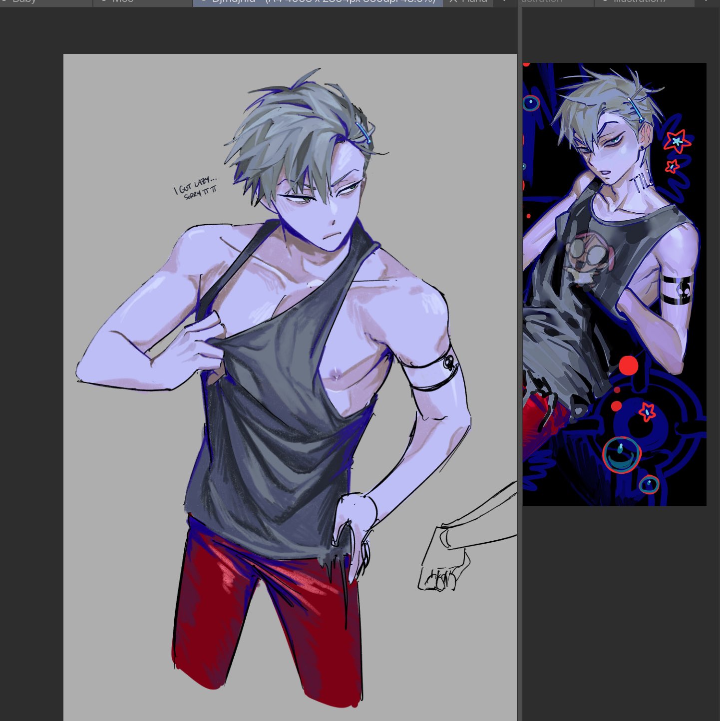 this digital illustration depicts an anime boy with grey hair and blue eyes in a stylish sleeveless shirt and red pants, with a smirk on his face. he is posed with his arm raised, showing off his black armband. the illustration is done with a lot of detail and subtle shading, giving a sense of depth and coolness to the character. the background is a simple grey, which allows the character to stand out. the overall style of the art is sharp, with a cool tone.