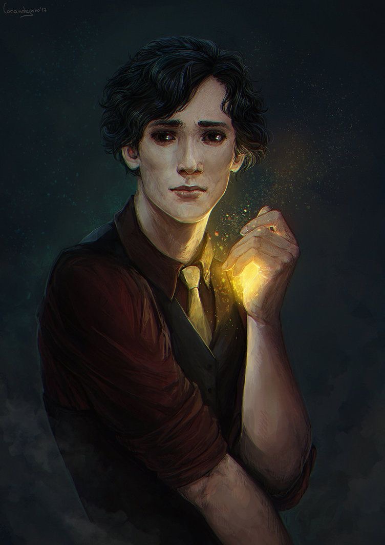 this is a digital painting of a young man with dark hair. he is wearing a red shirt, vest, and a tie.  he is holding his hand near his chest, and there is a bright yellow light emanating from it. the background is dark and mysterious. the man has a serious expression on his face.  the painting is created in a fantasy style, and it is likely that the light is some form of magic. the man is looking at the viewer directly.