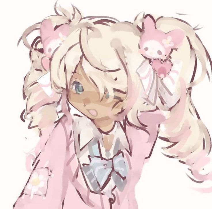 this is a digital illustration of an anime girl with blonde hair and pink eyes, wearing a pink school uniform with a bow. she has a cute, playful expression, with a slight smile on her face, as if she's teasing someone. the illustration is in a soft, colorful style, with a focus on detail. the background is white, giving the characters the emphasis.