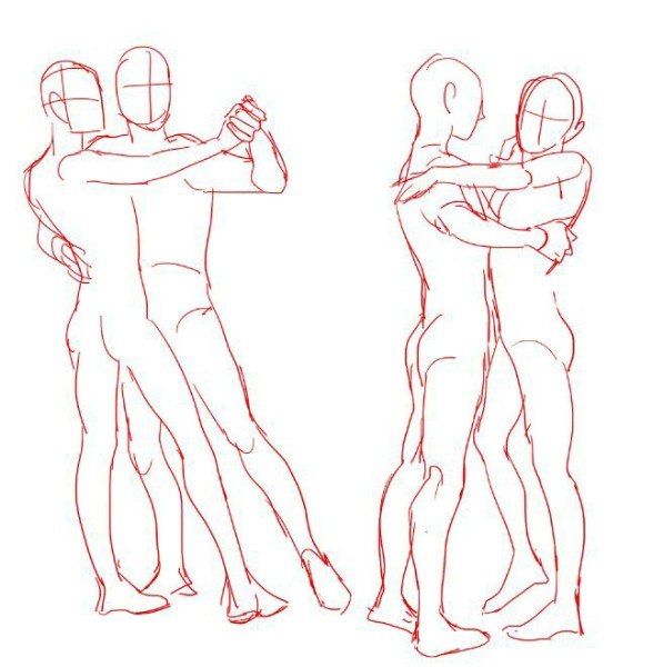 this is a drawing of two couples. each couple is embracing each other. the drawing is a sketch and the lines are red in color. the figures are in an outline form.  the drawing is done for practice or tutorial purposes.