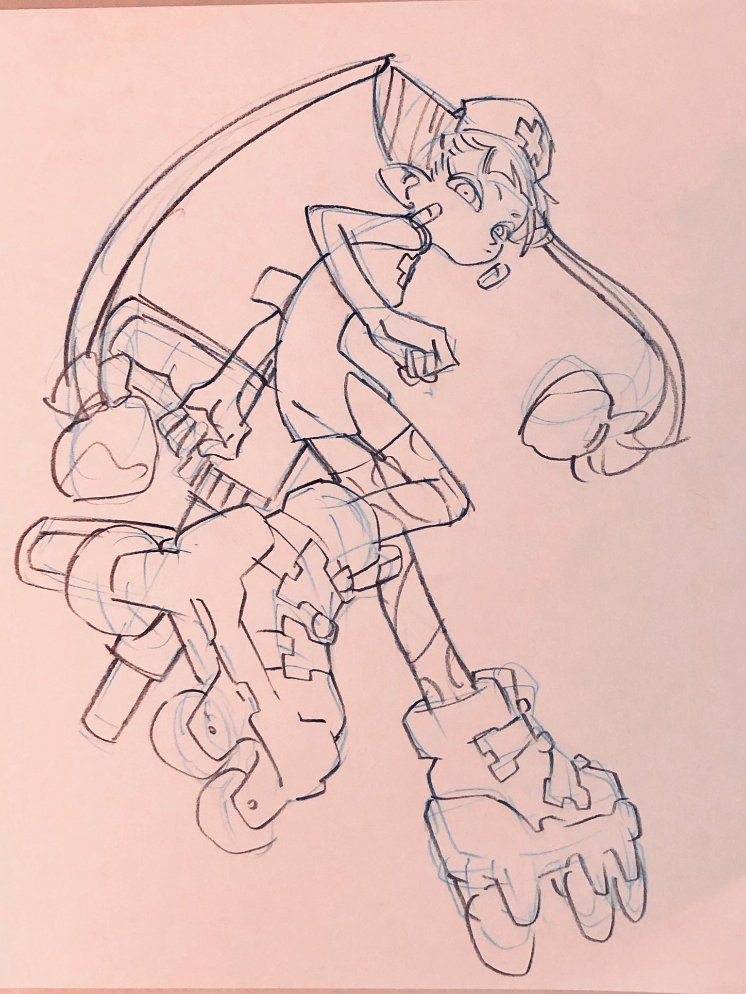 a dynamic sketch of a stylized character, possibly inspired by anime or manga, wearing a cap and rollerblading. the perspective is from a low angle, emphasizing the movement and energy of the pose. the drawing is done in blue pencil on light pink paper and appears to be in the early stages, focusing on gesture and form rather than detail.