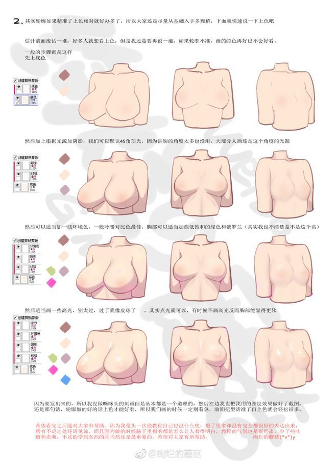 the image is an instructional guide for drawing anime breasts. the guide shows different shapes, colors, and shading techniques for creating realisticlooking breasts. it also explains the importance of light and shadow and how to use