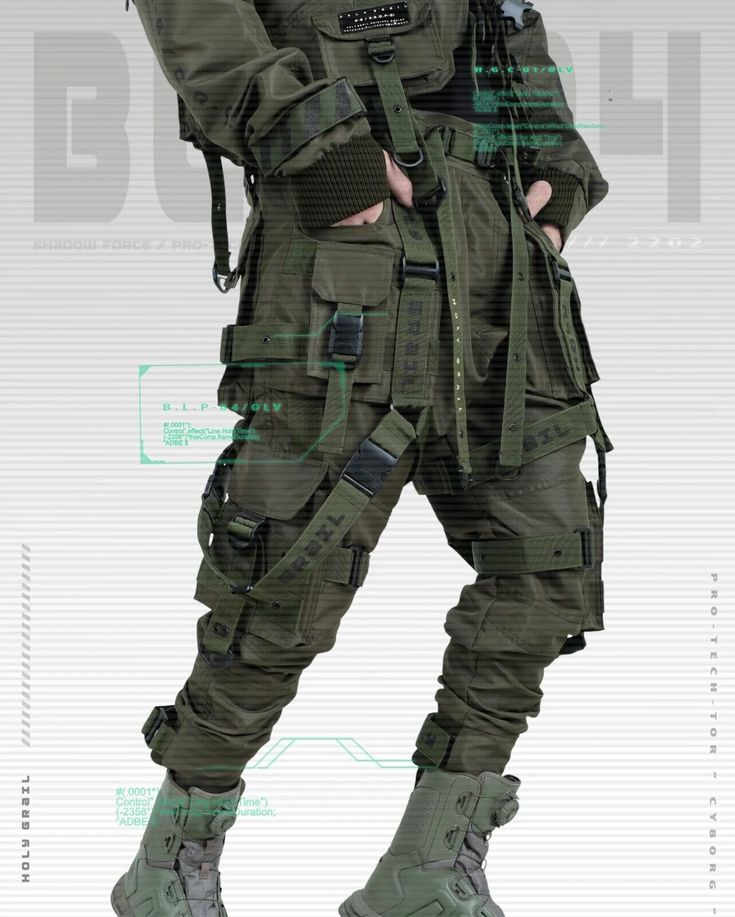 this image shows a person wearing green tactical pants with many pockets, straps, and buckles. they are also wearing boots that match the pants in color and style. the model is wearing a tactical vest over their shirt. the overall style is very urban and street wear.