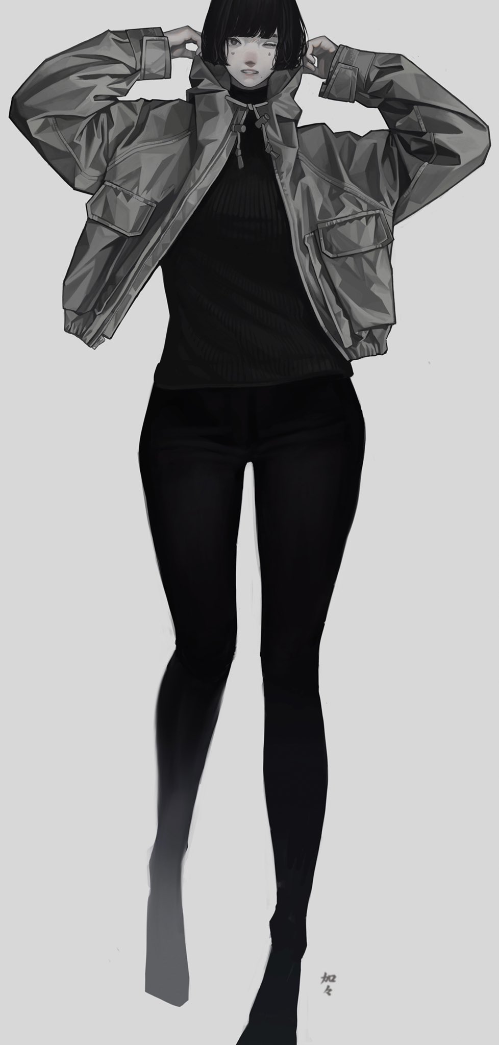 the image shows a stylized anime girl with a bob haircut wearing a gray jacket and black pants. she has a calm expression and is depicted in a minimalist style with a monochrome color palette. the style is reminiscent of digital art or illustration, focusing on fashion and portraiture.
