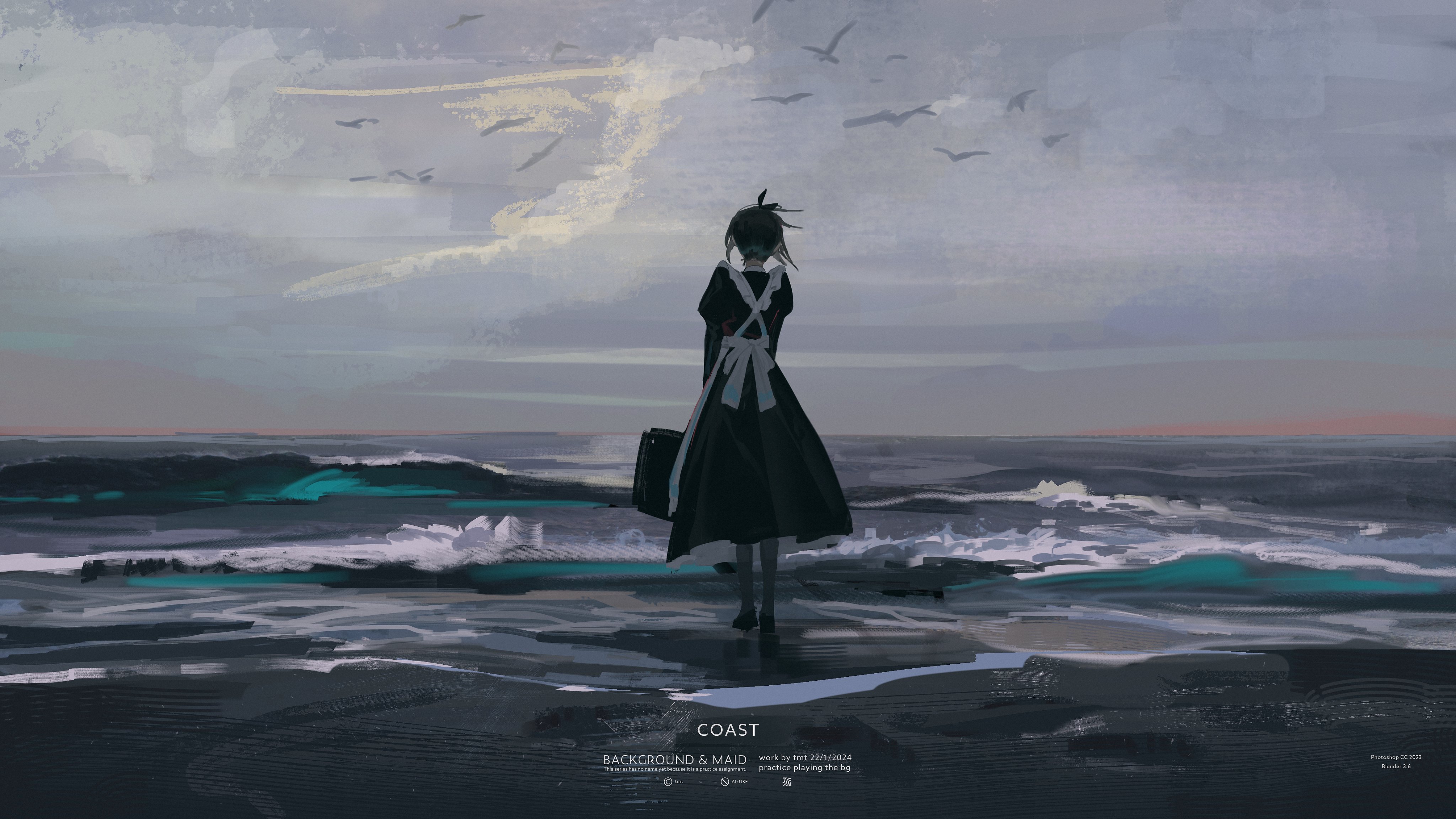 the image is a digital painting depicting a lone animestyle girl dressed as a maid. she stands with her back to the viewer on a dark beach, facing a calm yet somewhat brooding ocean. she carries a dark suitcase.  the sky is overcast, with a muted palette of greys and pastels, and a few birds are visible. the overall mood is melancholic and atmospheric, suggesting themes of solitude, travel, or departure.  the artist's style uses loose, painterly brushstrokes, creating a textured and evocative piece.  the color palette is largely desaturated, with a striking accent of teal in the ocean. the text "coast" is visible in the lower portion, along with artist and work information.