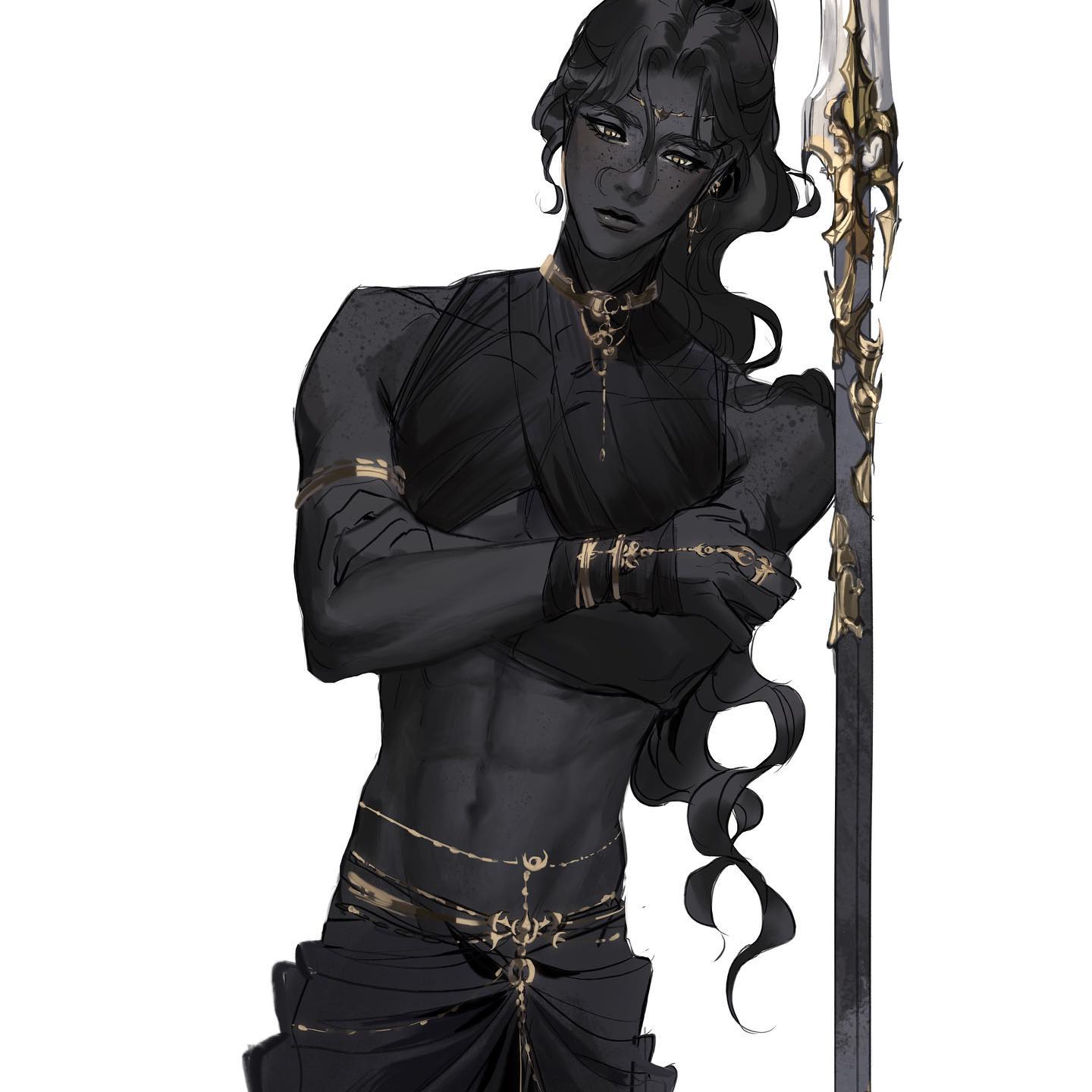 a shirtless, muscular man with dark skin and long, flowing dark hair stands with his arms crossed, leaning against a highly decorated spear. he wears elaborate gold jewelry, including a headband, earrings, necklaces, armbands, and a belt with dangling embellishments. his expression is serious and contemplative. the background is a pure white, drawing all focus to the character.