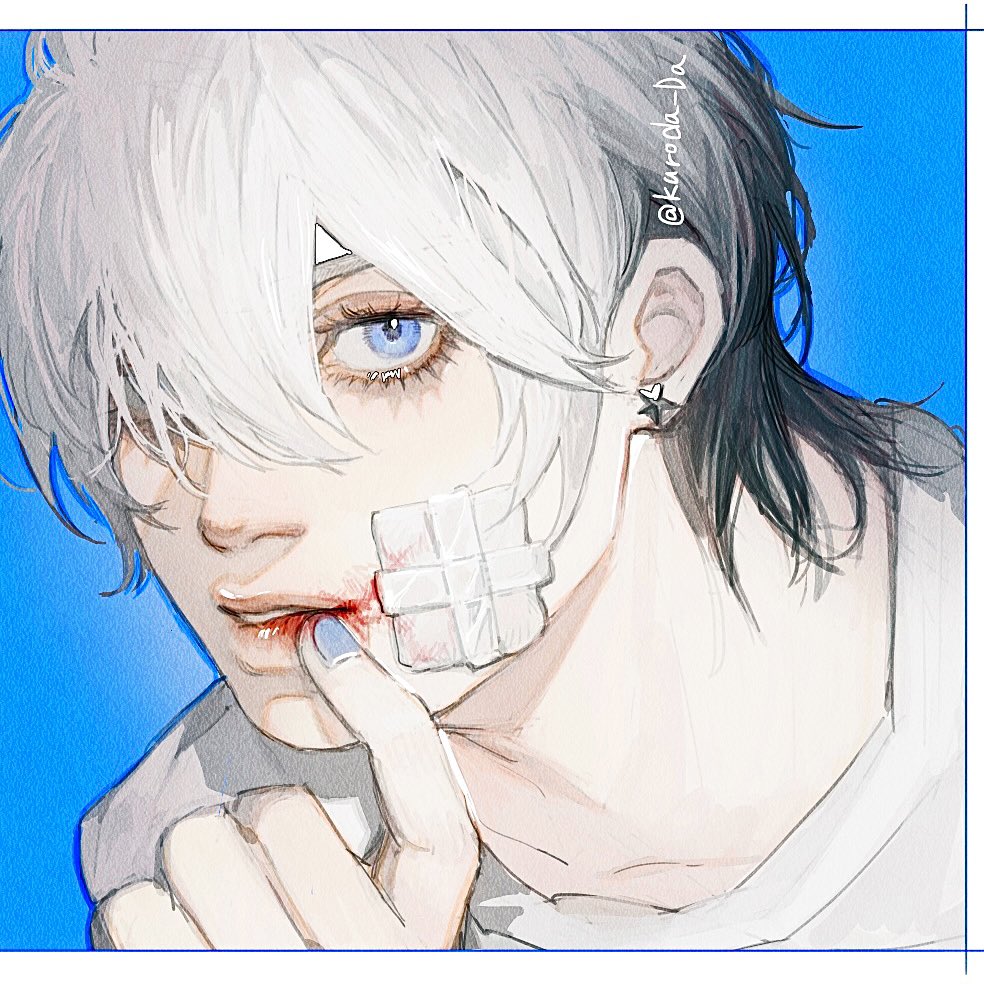 a headandshoulders, digital fanart portrait of an androgynous person. the subject is drawn against a bright blue background with white hair and blue eyes. they have one black ear, and a bandage on their cheek. the subject has one finger, with a blue painted nail, to their lips. the art style appears to be anime or mangainfluenced.
