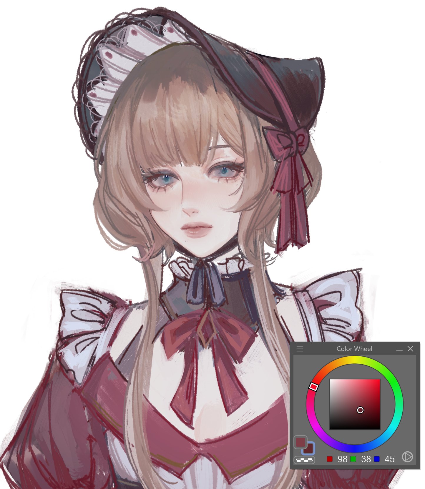a closeup portrait of a young anime girl wearing a maid outfit. she has long brown hair with a dark blue hat and red ribbon. she is looking at the viewer with blue eyes and her expression is soft and sweet. the artwork is done in a digital style with a soft brush strokes. there is also a color wheel in the bottom right corner of the image which is semitransparent.