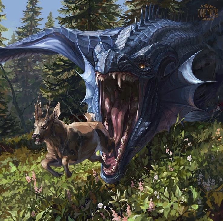 a digitally painted image depicts a dark blue dragon with a wideopen mouth, revealing rows of sharp teeth and a pink tongue. a brown deer is captured midleap, appearing to be escaping from the dragon's mouth. the scene is set within a dense forest with tall pine trees and lush green foliage. the foreground is filled with pink and white flowers. a signature "oneyros 2023" is visible in the top right corner.
