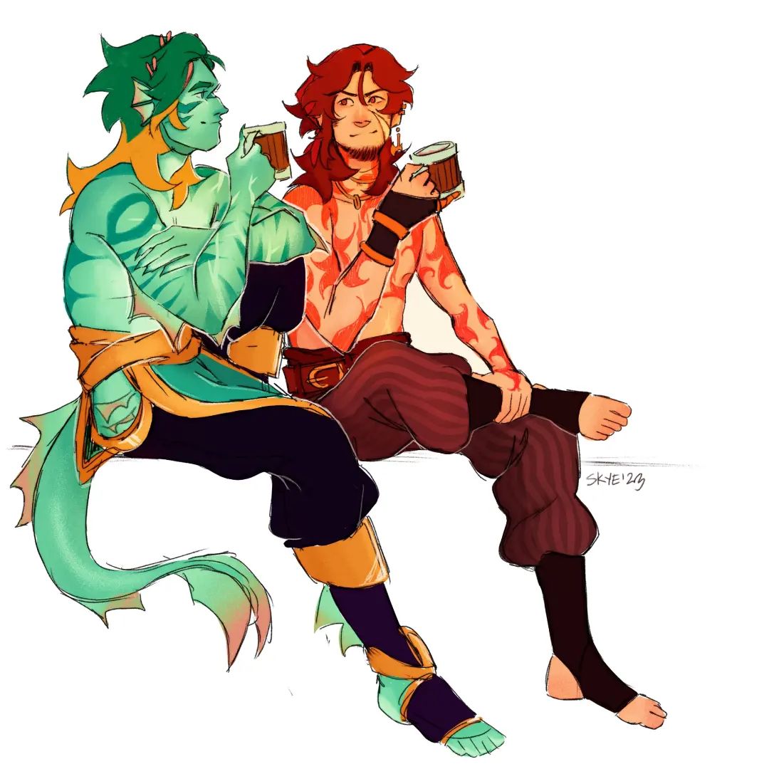 he image is a digital painting depicting two male characters sitting together. one character appears to be a merman or similar sea creature with teal skin and a fish tail, adorned with goldenyellow clothing. the other is human with reddishorange skin and firelike tattoos, wearing piratestyle clothing in deep reds and browns. both characters are holding and appear to be enjoying mugs of some beverage. the style is whimsical and stylized, with bold colors and loose linework. the overall mood is relaxed and friendly, suggesting a sense of companionship between the two figures. the background is simple and white, focusing attention on the characters themselves.