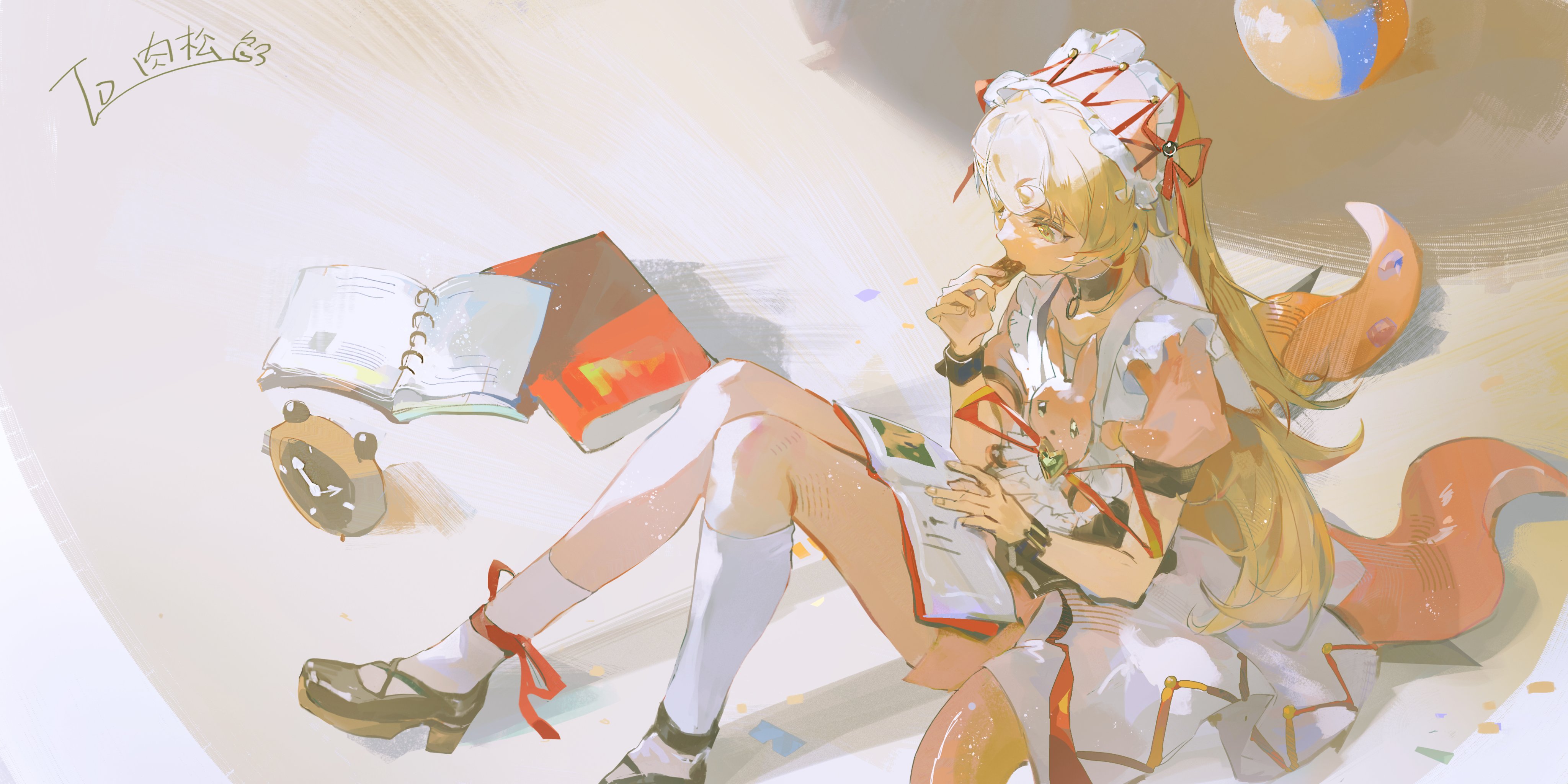 the image is a digital drawing of a young anime girl, possibly a kitsune due to her fox tail, sitting on the floor. she is dressed in a white dress reminiscent of a school uniform with red accents and a traditional japanese maidstyle headdress. the girl is engrossed in a book, holding it open with one hand while thoughtfully biting her finger with the other. an open notebook, a red textbook, and a small clock are scattered around her. the artwork has a soft, dreamy quality due to the pastel color palette and the use of loose brushstrokes. the lighting suggests a bright, sunny day, possibly coming from a window offscreen.