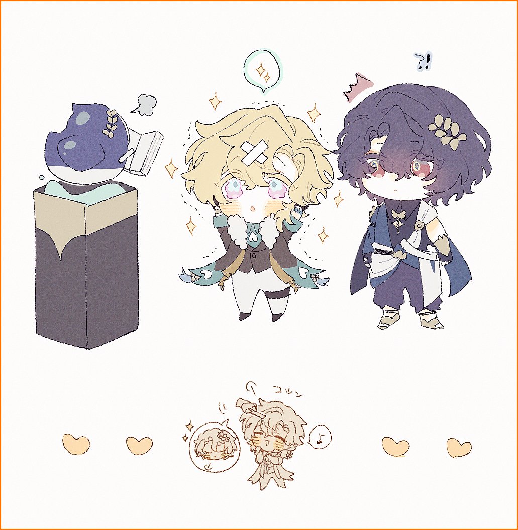 the image is a colorful digital fanart featuring chibistyle illustrations of two boys. one has blond hair and is dressed in a lightcolored outfit with a faux fur collar, while the other has purple hair and wears a darker, more ornate outfit. they appear to be interacting, possibly playfully. there's a small boxlike container, reminiscent of a potion bottle, along with a small, stylized bird on top.  smaller chibi illustrations of the blondhaired character are also present in the bottom of the image, possibly representing different expressions or poses. the overall style is whimsical and cute, utilizing pastel colors and simple linework.  there are also small hearts and some japanese text sprinkled throughout.