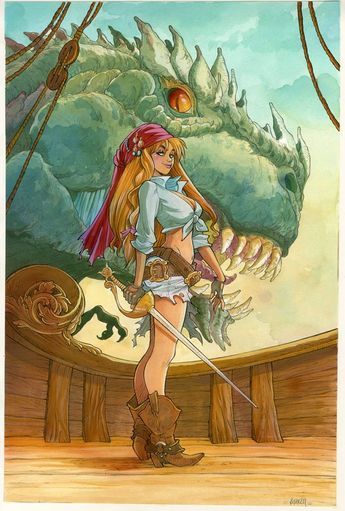 a cartoon illustration of a female pirate standing on the deck of a ship with a large dragon in the background. the pirate is wearing a red bandana, a white shirt tied at the waist, a brown belt with a sword, and brown boots. she is holding a sword in her hand. the dragon is green and has sharp teeth. the ship's deck is made of wood.