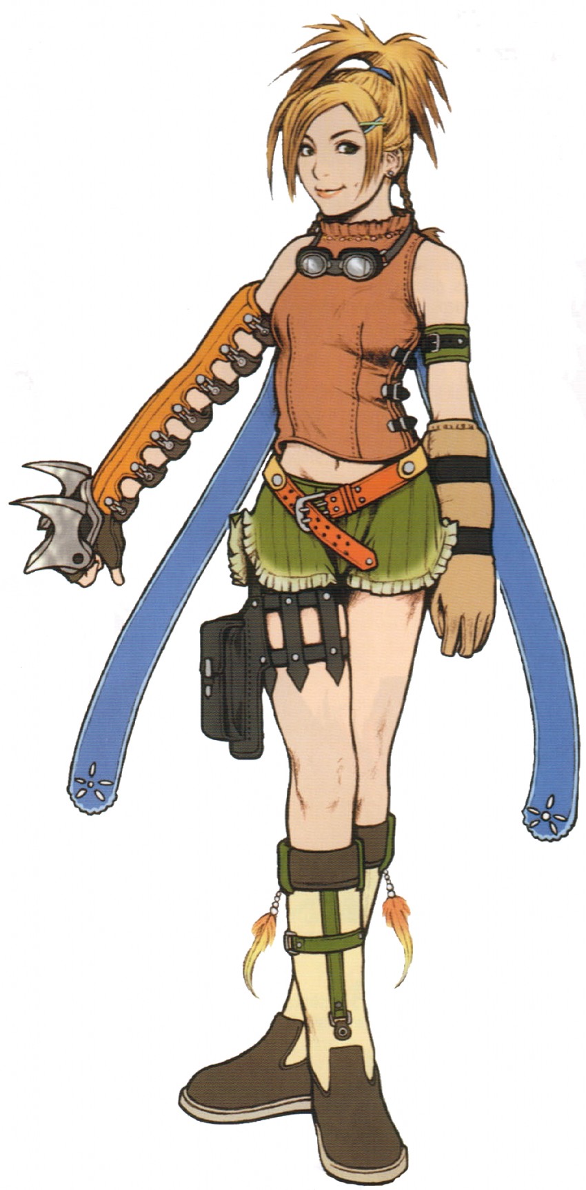 rikku, a female character from the video game final fantasy x2, is depicted in a dynamic pose wearing her iconic thief outfit. her outfit features an orange crop top, green shorts, and a variety of belts and pouches. she is also wearing brown boots and gloves. her most notable accessory is her large mechanical arm.  she has long blonde hair styled in pigtails and a confident expression on her face.