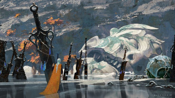 he image is a digital painting depicting a fantasy scene. a frozen lake stretches across the foreground, reflecting the surrounding landscape and the numerous swords stuck in the ice.  these swords appear to be various sizes and styles, suggesting a graveyard or ceremonial site of some kind.  behind the lake, a massive, weathered stone head, possibly part of a larger statue or ruin, is partially visible, creating a sense of scale and age. a lone figure, cloaked in an orange and blue robe, stands near one of the larger swords, adding a mysterious element to the scene.  the background features a mountainous, rocky landscape with a few sparse, autumnal trees. the overall atmosphere is grim, mystical, and evocative of a forgotten world or ancient history. the color palette is muted, with greys, blues, and oranges dominating the scene, contributing to the overall mood of desolation and mystery.