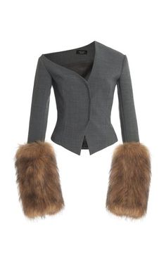 a gray, offtheshoulder blazer with fur trim on the cuffs.  the blazer is a fitted style and has a vneck.  the fur is a brown, faux fur.