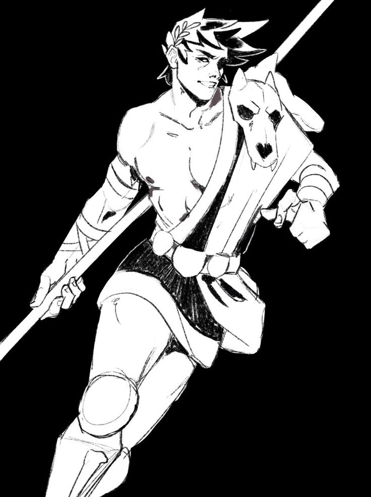a black and white sketch of a warrior holding a spear and a shield, a wolf's head is visible on the shield. he is depicted in a warrior's stance.