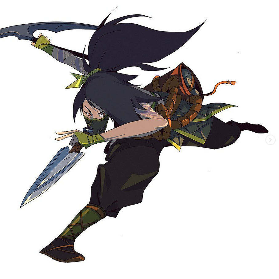 this is an illustration of an anime style female ninja character. she has dark black hair, a black and green outfit, and a mask over her face.  she is midleap, wielding a blade in her right hand and a curved blade in her left hand. she is in midair and is about to attack.  she is an intimidating warrior.
