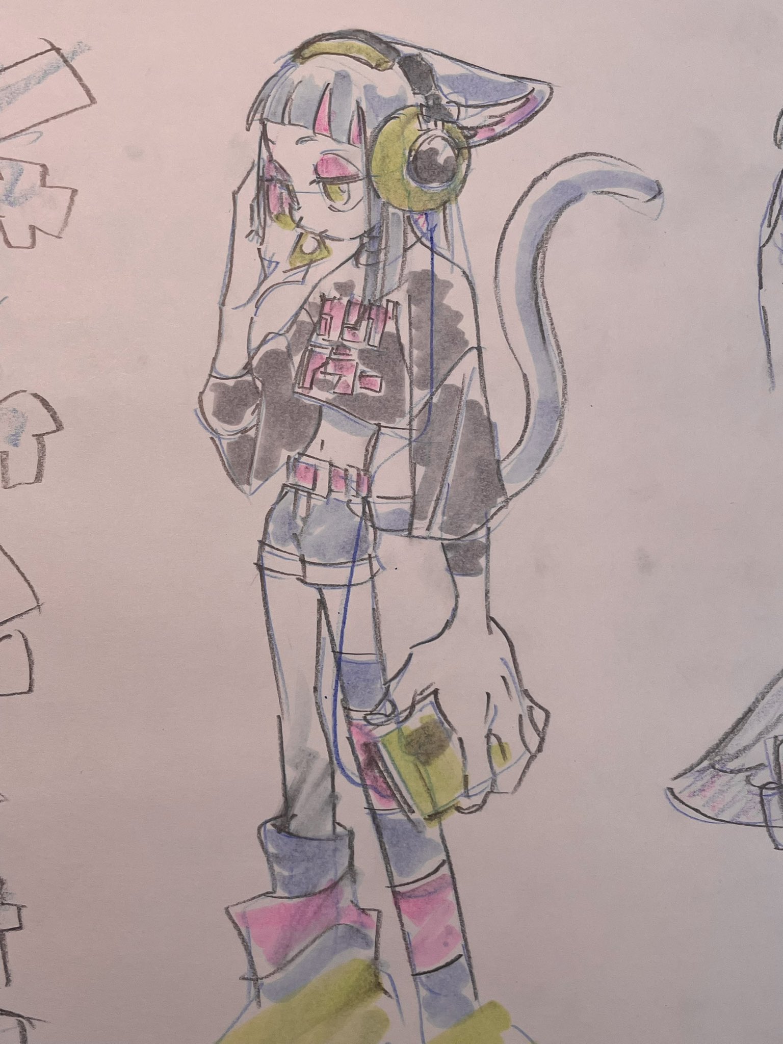 a stylized sketch of a catgirl listening to music. she is wearing a crop top, baggy jeans, platform boots, and headphones. she is holding a cassette player in her left hand. the drawing is done in a pencil with colored pencil accents.