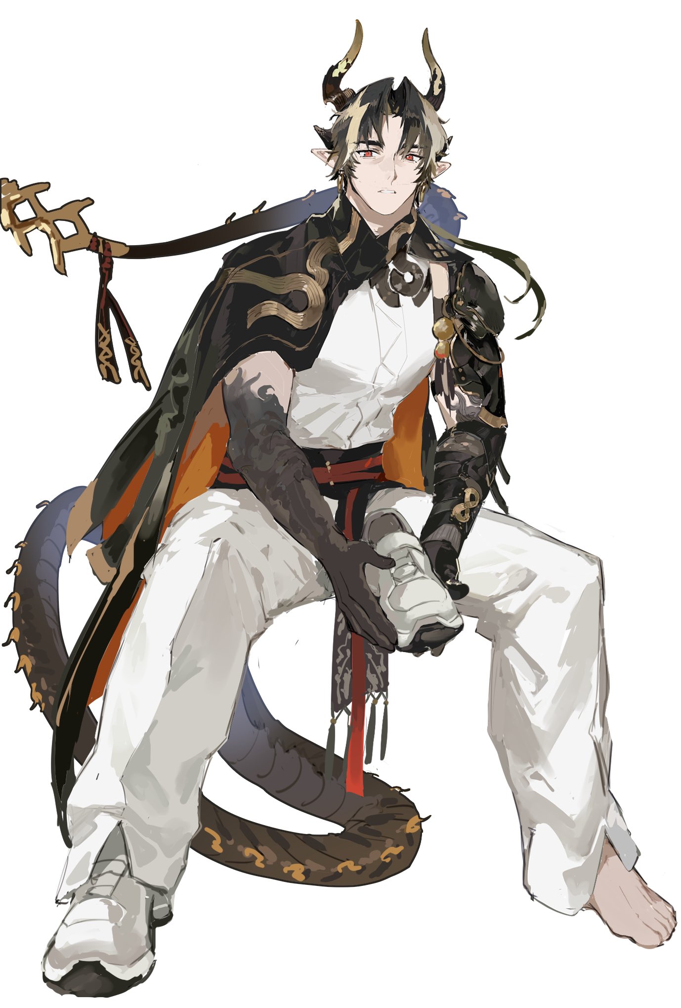the image shows a male anime character seated with his right foot resting on his left thigh. he is wearing white pants, a white shirt, a black and gold robe, and black gloves. his right arm and hand are visible, and his left hand is holding a shoe. he has black horns, a black dragon tail, and his hair is black and blonde. the background is white.