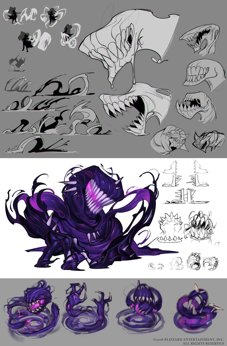 the image features a collection of sketches and concept art for a monstrous creature, likely for a video game. the top portion of the image shows various black and white sketches of the monster's head, teeth, and tentacles, evolving from simple shapes to more detailed forms. there are also smaller sketches depicting the monster in different positions and angles. the bottom portion of the image showcases a finalized digital illustration of the monster. it has a dark, almost shadowy appearance with purple accents. the creature is composed of multiple tentacles and has a large, gaping mouth with rows of sharp teeth. the background is a simple gray color, allowing the sketches and illustration to stand out. the image provides a glimpse into the creative process behind designing a fictional creature, emphasizing the evolution from initial ideas to a finalized concept. it also showcases the artistic style and attention to detail that goes into creating such characters. the signature at the bottom suggests that this artwork was created for blizzard entertainment, a renowned video game company.