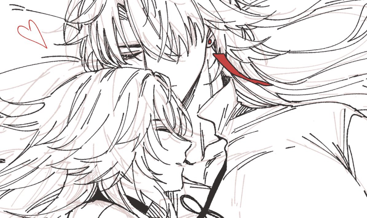 a black and white line drawing of two anime characters, a male and a female, cuddling close to each other. the male character is on the top and has long hair. he has his arm around the female character and she is looking at him with her eyes closed, smiling. there is a heart symbol behind the couple. the drawing is done in black and white, but the couple's hair is shaded in light gray.  there is a red scarf around the male character's neck.
