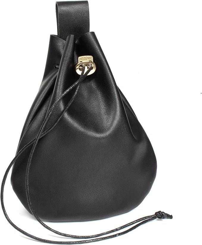 a black leather drawstring purse with a loop handle at the top and a gold clasp. the purse has a gathered or ruched effect and is sitting against a white background.