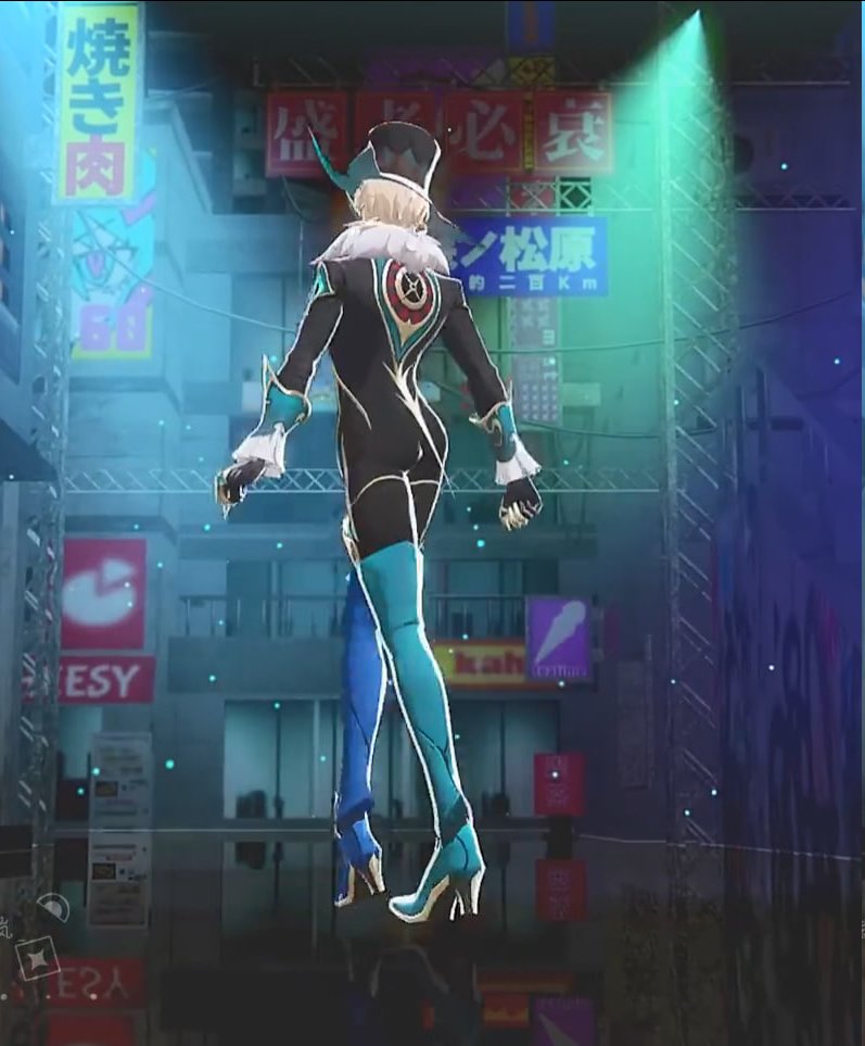 this is an image of a stylish anime character, with black hair, wearing a black and blue outfit with kneehigh boots, walking on a futuristic street at night, with neon lights in the background. they are in a pose with one leg slightly bent and the other leg straightened, with their arms at their sides and their hands clasped behind their back. the character is looking towards the left side of the frame.
