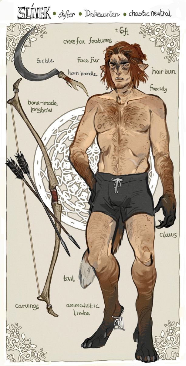 this digital illustration depicts a furry creature. this beast has brown fur and has a long, curved tail,  it has a longbow with a bone handle and sickle that is also made of bone. the beast is also wearing shorts.