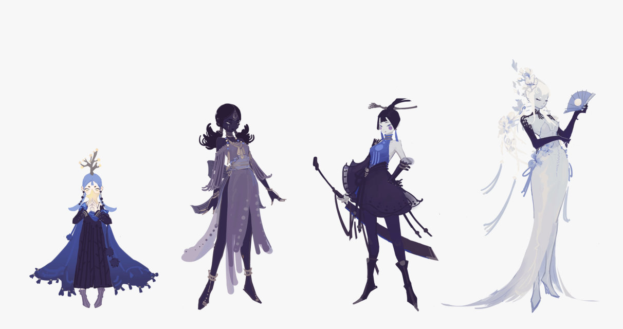 the image showcases four female character designs against a plain white background. each character embodies a distinct style and silhouette. from left to right, they are: a young girl with antlers in a long hooded cloak, a taller figure with elaborate jewelry and a fringed dress, a warrior woman with a sword and flowing clothes, and an elegant figure with flowing white hair and a fan.  the overall aesthetic leans towards a fantasy theme, with each character potentially representing a different element or magical archetype. the color palette leans heavily on grayscale with subtle hints of blue.