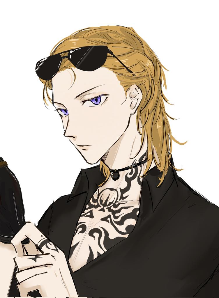 a drawing of an anime male character wearing sunglasses, a black jacket, and a choker.  the character has long blond hair and a tattoo on his chest. the artwork is done in a simple style with soft shading. the image is cropped at the shoulders.