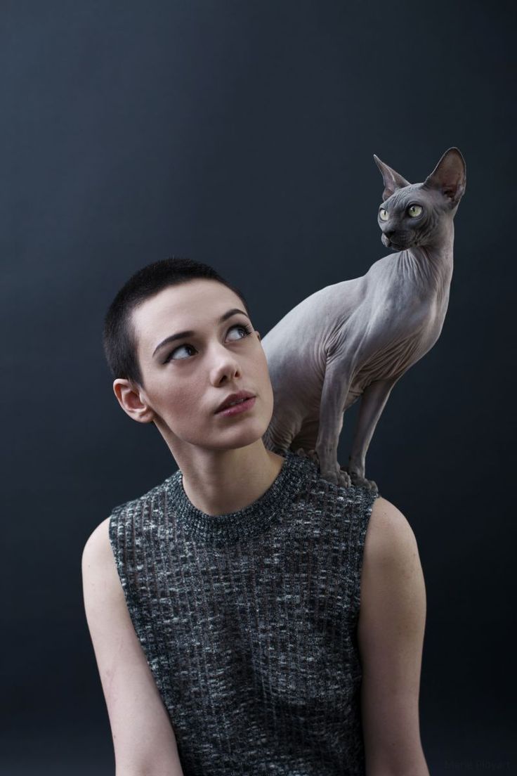 a young woman with short, shaved hair, wearing a grey sweater, stands with a hairless sphinx cat on her shoulder. the cat is looking at something off to the side, while the woman looks up and to the right. both the woman and the cat are grey, and the background is a simple grey color.