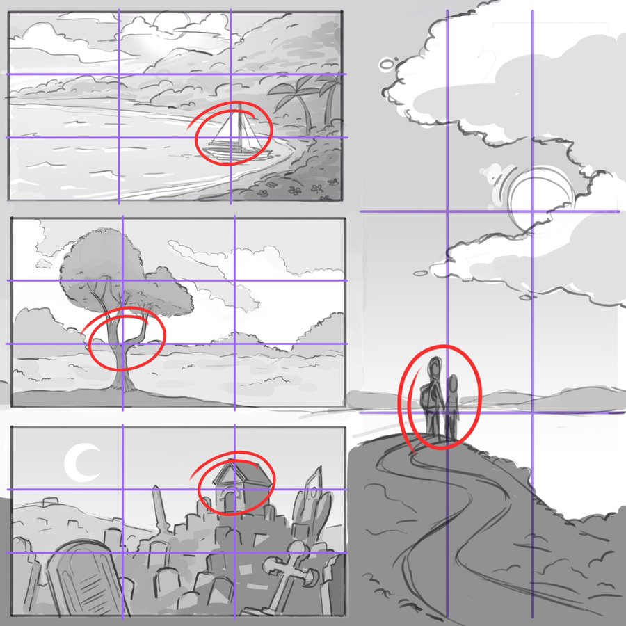 the image consists of six panels, likely from a storyboard. each panel is a sketch illustrating different scenes,  connected by a loose narrative. the first panel features a beach with a sailboat in the distance, showcasing a tropical environment. the second panel zooms in on a lone tree against a backdrop of rolling hills. the third panel transitions to a graveyard scene at night, illuminated by a crescent moon.  the fourth panel shifts to a bright sky with a prominent sun and fluffy clouds. the fifth panel focuses on two figures, possibly a parent and child, standing on a hilltop. the final panel shows the same hilltop from a different angle, with a winding path leading up to it.  the use of perspective and lighting effectively creates a sense of depth and atmosphere,  while the composition guides the viewer's eye through the sequence of events.
