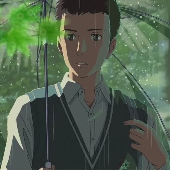 the image shows an animestyle drawing of a young man holding a transparent umbrella while standing in the rain. the man has short brown hair and brown eyes. he is wearing a white shirt with a black vest over it. the background is a blurry green forest. the lighting is soft and diffused, creating a calm and atmospheric mood.