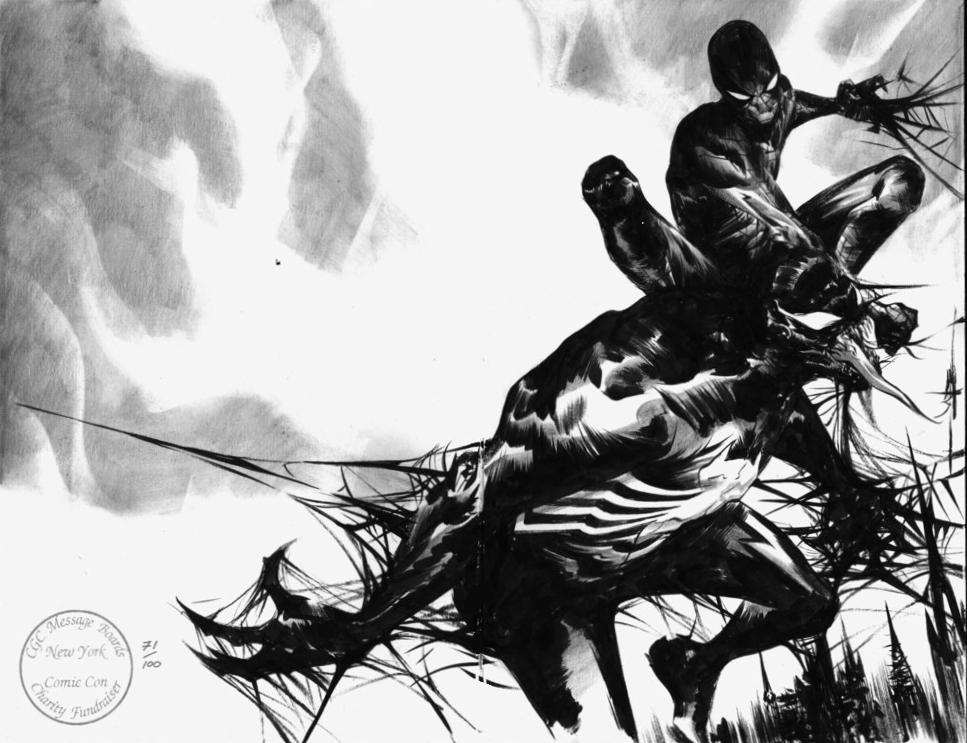 this is a black and white illustration of spiderman and venom fighting. the two figures are drawn with dynamic lines and bold silhouettes, creating a sense of movement and power. spiderman is in a crouched position, facing off against venom, who is lunging towards him. the background of the illustration is obscured, with only faint hints of trees and other objects visible. the overall tone of the illustration is dark and intense, suggesting a fierce battle between two powerful beings.