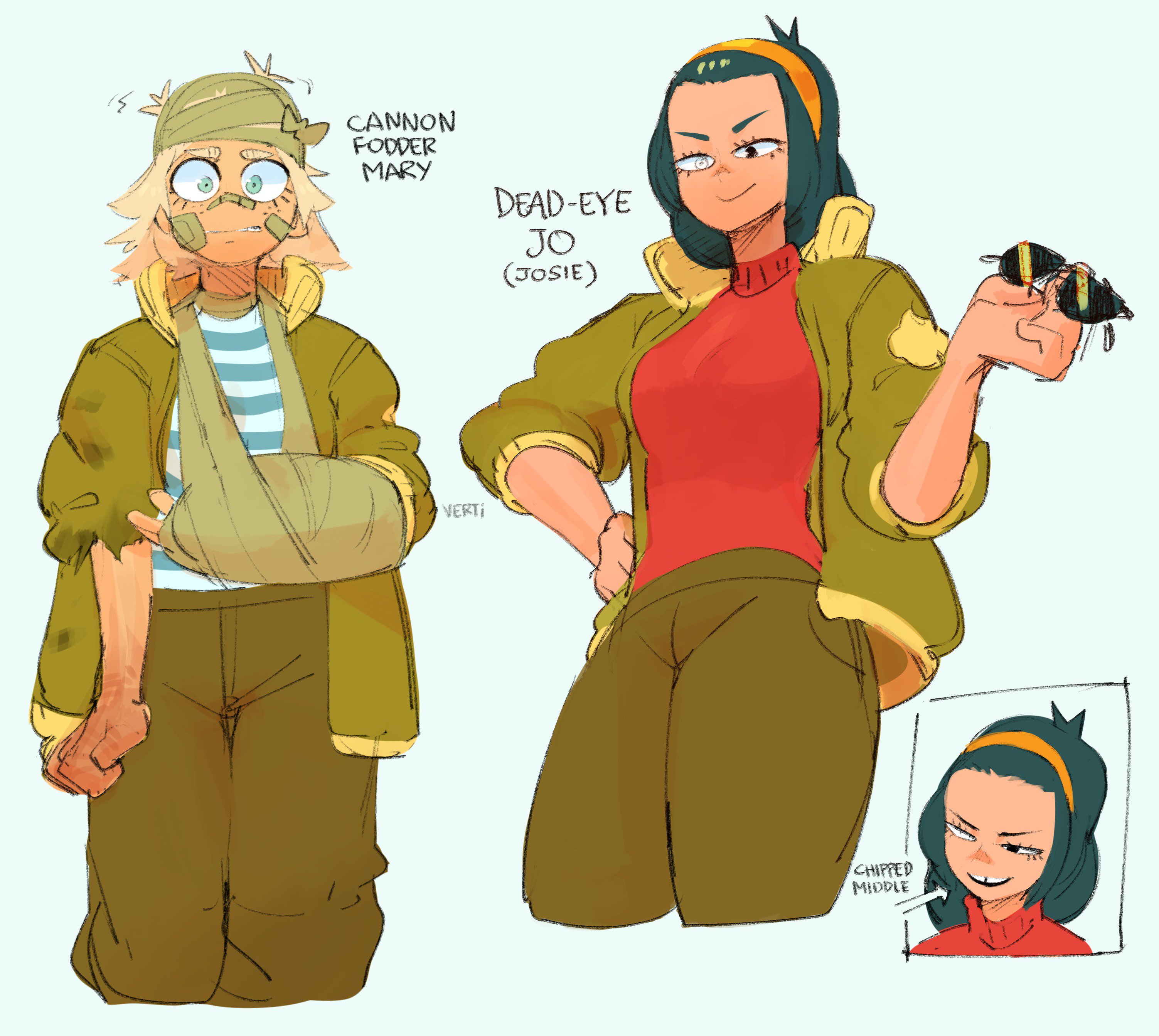 this is a digital illustration of three female characters. two of the characters are standing on the left and right side of the image. the third character's head is shown in a rectangle in the lower right corner of the image. all three characters are anime/manga inspired. all of them have similar features, they have the same hairstyle, and they wear similar clothes. the character on the left has a broken arm and is wearing a bandaged sling. the character on the right is holding a pair of sunglasses in her right hand. the character in the rectangle is looking down at the viewer, her eyes narrowed.  the character on the left is labeled "cannon fodder mary", the character on the right is labeled "deadeye jo (josie)", and the character in the rectangle is labeled "chipped middle".