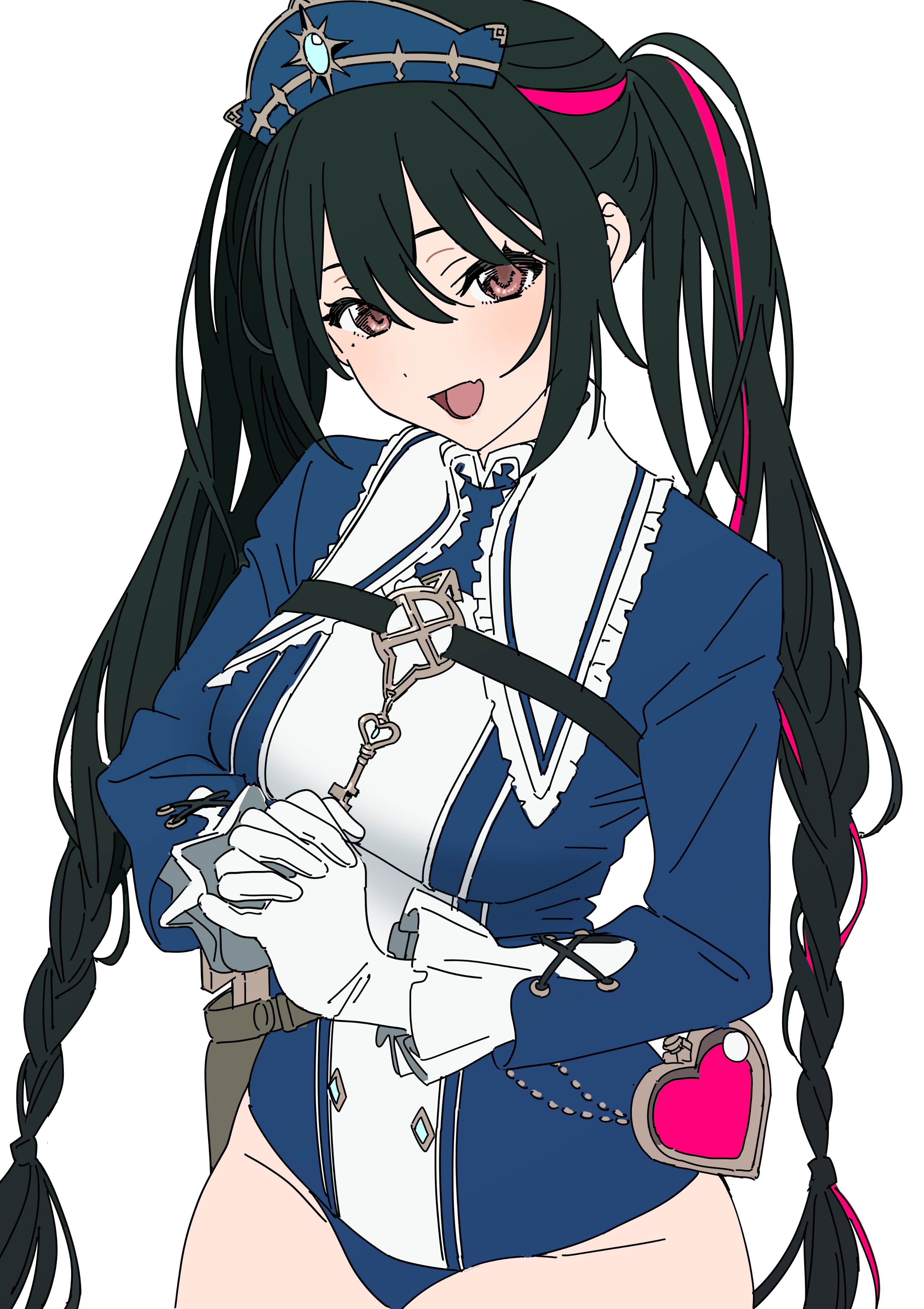 he image features a stylized anime girl with long black hair styled in pigtails with pink highlights. she's wearing a blue and white outfit that appears to be a bodysuit or jumpsuit, adorned with lace and other decorative elements.  she has on white gloves and carries a keylike accessory across her chest. a heartshaped locket is visible on her hip.  her expression is playful and confident. the art style is clean and crisp, reminiscent of manga or digital illustrations.