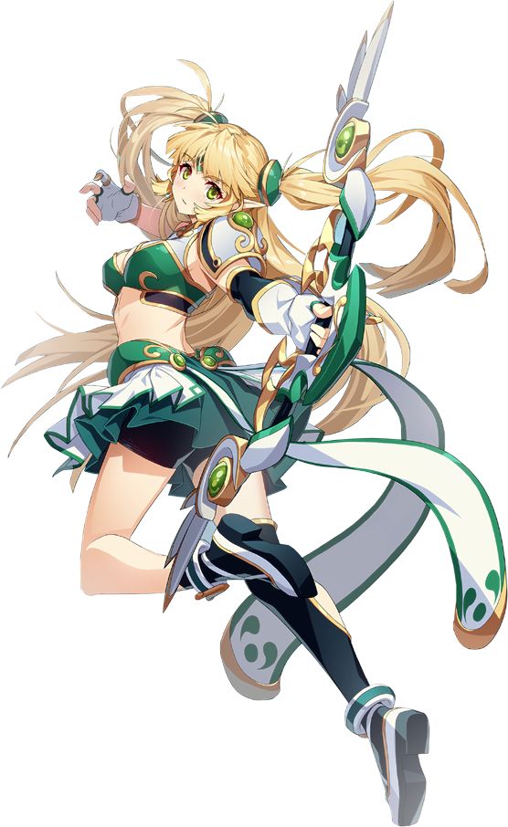 this is a digitally drawn illustration of a woman with blonde hair in a ponytail,  wearing a green, white, and gold outfit holding a bow and arrow.  she is in midaction, drawing back the bow, and is ready to shoot an arrow.  the background is white.
