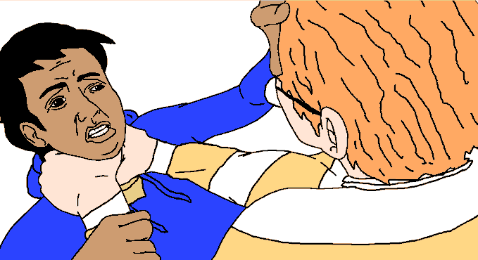 a cartoon drawing depicts a closeup view of two men engaged in a physical altercation. one man, with dark hair and brown skin, is being choked by the other, who has orange hair and is wearing a light yellow shirt. the attacker's arm is around the victim's neck, and the victim's expression appears to be one of distress or pain. the style is simplistic, with bold outlines and flat colors. the background is plain white. the image conveys a sense of urgency and tension.