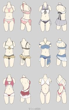 the image is a drawing of 12 women with different styles of bikini and lingerie. the drawing is in a simplified anime style. the women are all depicted in a standing position, facing the viewer. each woman is wearing a different style of bikini or lingerie. the drawing is done in black and white on a white background.