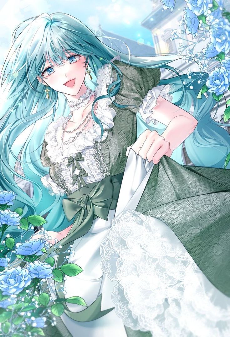 the image showcases a beautiful anime girl with long, flowing teal hair. she's dressed in a lovely green and white dress adorned with lace, and she's smiling happily while standing amidst a garden filled with blue roses. the background suggests a quaint, possibly aristocratic, setting, adding to the overall romantic and whimsical atmosphere. the art style is delicate and dreamy, with pastel colors and a focus on the girl's grace and elegance. the overall impression is one of lighthearted charm and fantasy.