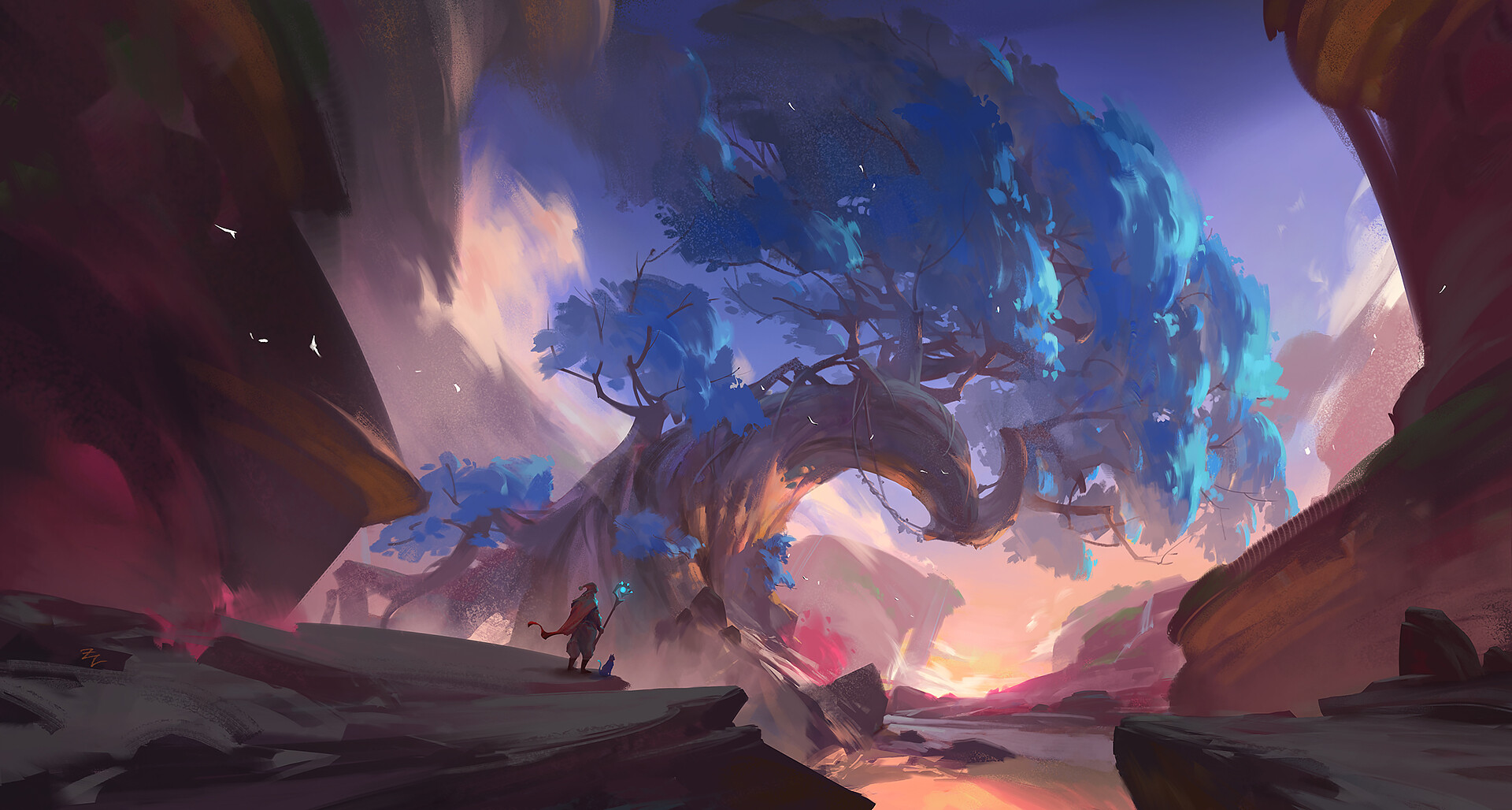 the image depicts a breathtaking fantasy landscape dominated by a colossal, luminous tree with vibrant blue foliage. the tree arches gracefully over a canyon, its branches reaching towards the warm hues of a setting sun. a lone figure, possibly a traveler or wizard with a glowing staff, stands on a rocky outcrop in the foreground, dwarfed by the immensity of the tree. the scene exudes a sense of magic and wonder, with the warm light of the sunset casting long shadows and highlighting the ethereal glow of the tree. the canyon walls are painted in rich reds and purples, contrasting beautifully with the cool blues of the sky and the tree's foliage. a serene river flows in the distance, completing this captivating and otherworldly vista.