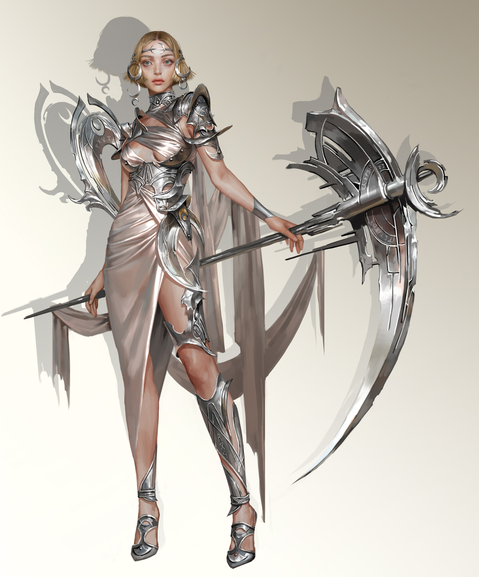 he image showcases a digital painting of a fantasy female warrior. she's elegantly posed, standing fullbody against a lightcolored background. her attire is a blend of a flowing pale pink dress and intricately designed silver metal armor pieces that protect her torso and legs, and stylish heels. her blonde hair is styled neatly, and her expression is serene. she holds a large, ornate silver scythelike polearm, adding to her warrior aesthetic. the style is reminiscent of concept art or character design for video games.  the overall mood is one of sophisticated power and grace.