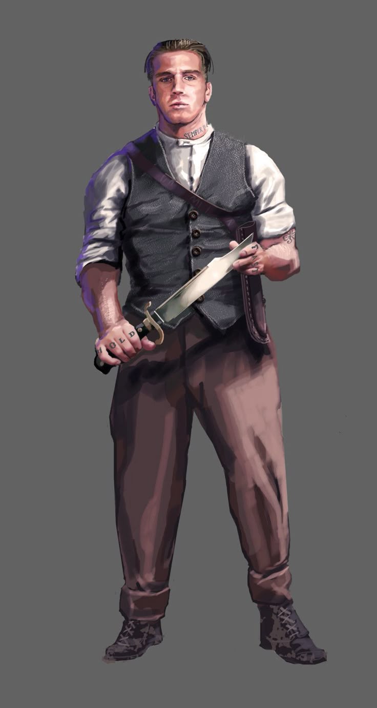 an illustration depicts a man standing, holding a knife. he wears a white shirt, a dark vest, brown trousers, and dark boots. he has tattoos on his hands and neck.