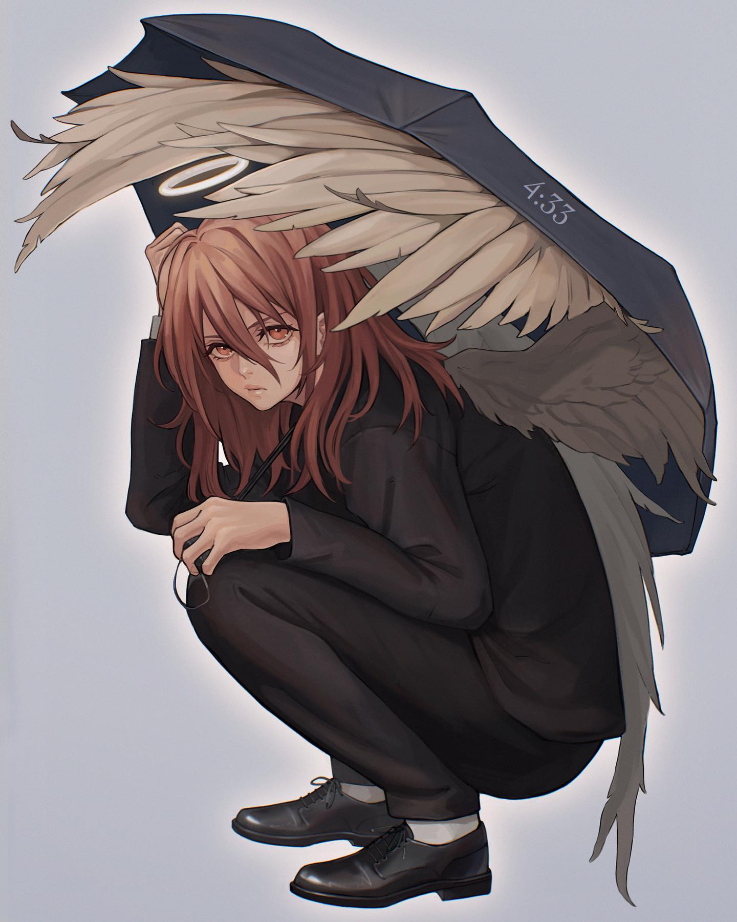 the image depicts an animestyle girl with long brown hair, wearing glasses and a dark suit. she is crouching and holding an umbrella that has large, feathery angel wings attached to it. a halo is visible above the wings. the number "4:33" is written on the umbrella. the overall mood is melancholic and slightly surreal. the art style is digital and detailed, with a focus on soft shading and atmospheric perspective.