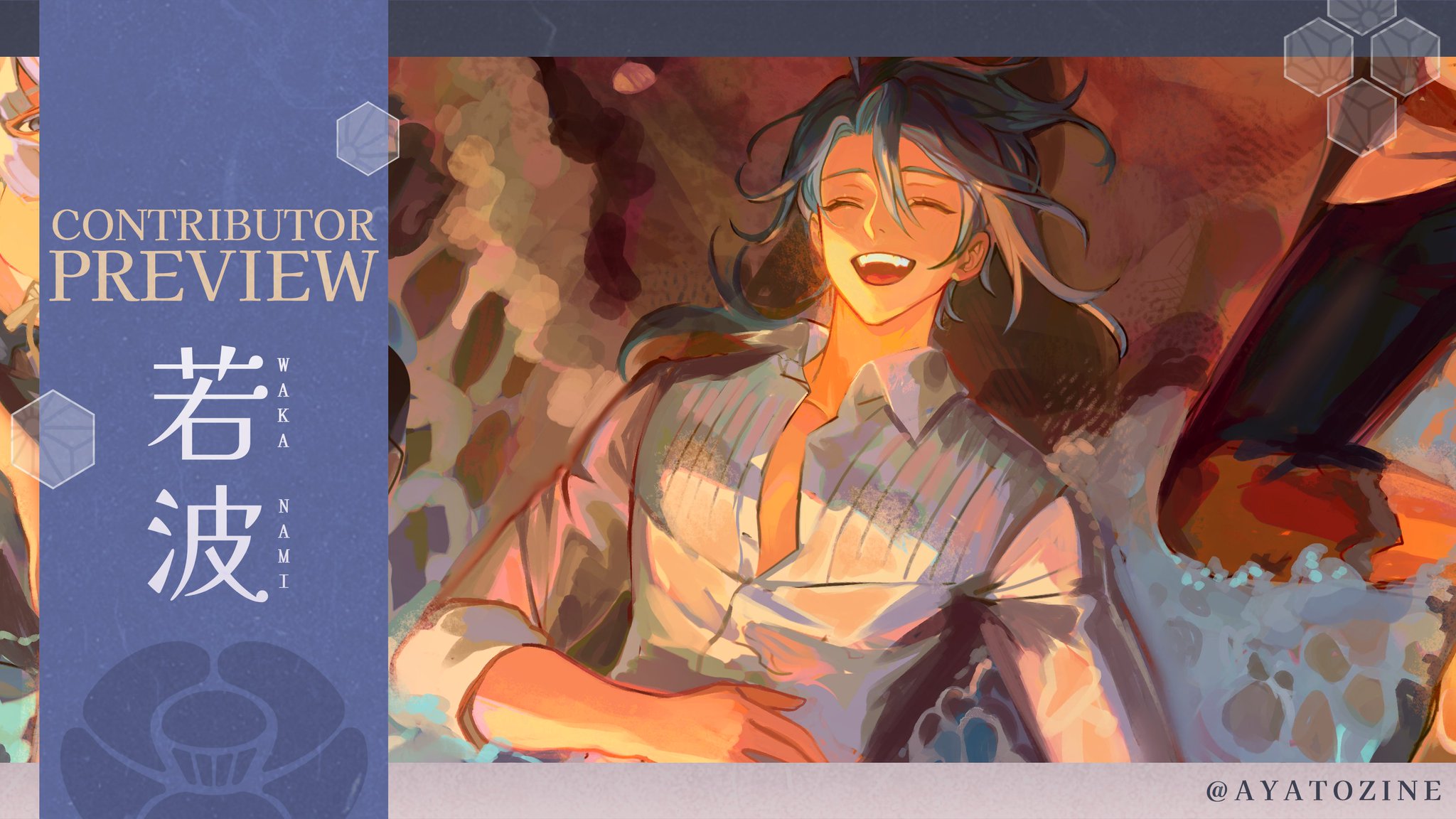 this is a digital art piece of an anime male character with blue hair. he is smiling happily and relaxing in a white shirt. the art style is very detailed and vibrant. the background is abstract and colorful, adding to the overall beauty of the piece. the character is drawn in a very flattering way, showcasing his youthful and handsome features. the artist did an amazing job of capturing the emotion of joy and peacefulness in this piece.