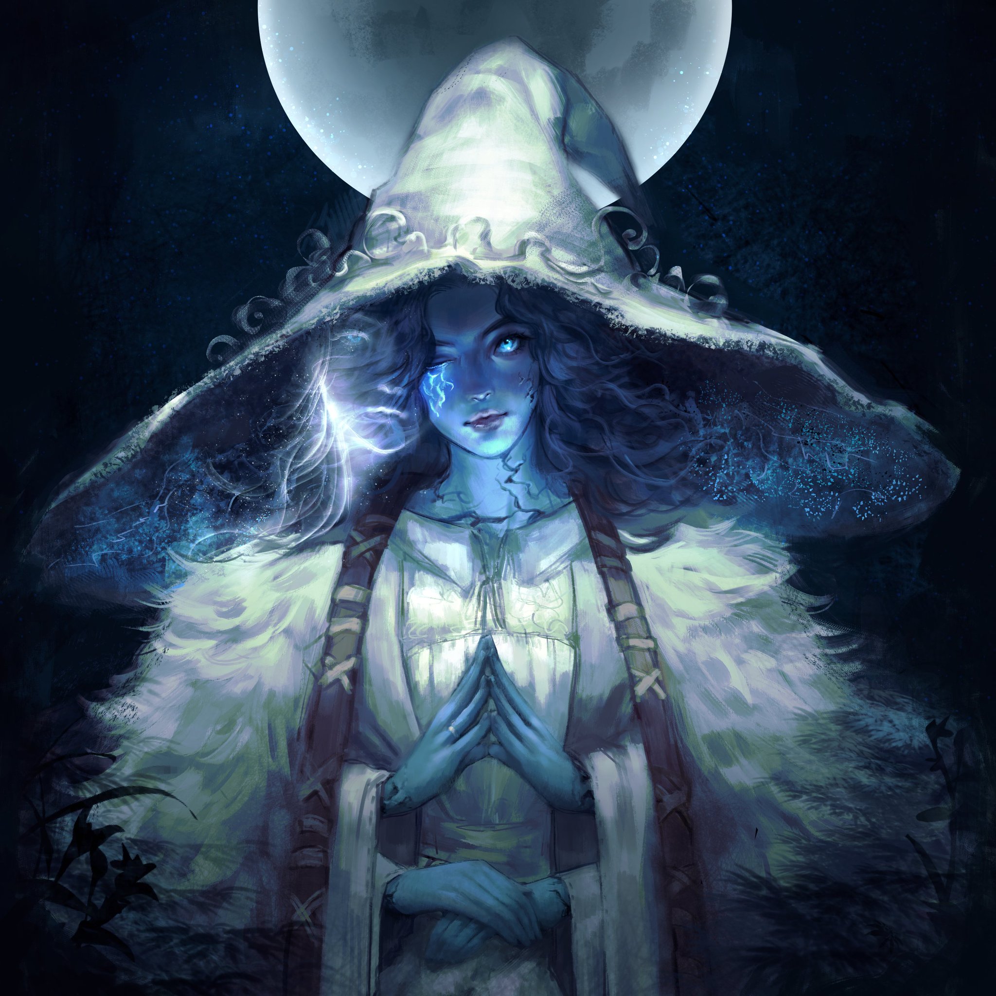 the image depicts a fantasy illustration of a young woman, possibly a witch or sorceress, standing under a full moon in a dark forest. she wears a large, hooded cloak with fur trim, giving off a wintry feel.  glowing blue light, resembling electricity or arcane energy, emanates from her face and cloak.  her expression is calm and serene, her hands clasped together in a gesture of prayer or concentration. the overall atmosphere is mystical and ethereal, creating a sense of magic and wonder. the style is reminiscent of digital fantasy art, with soft, painterly brushstrokes.