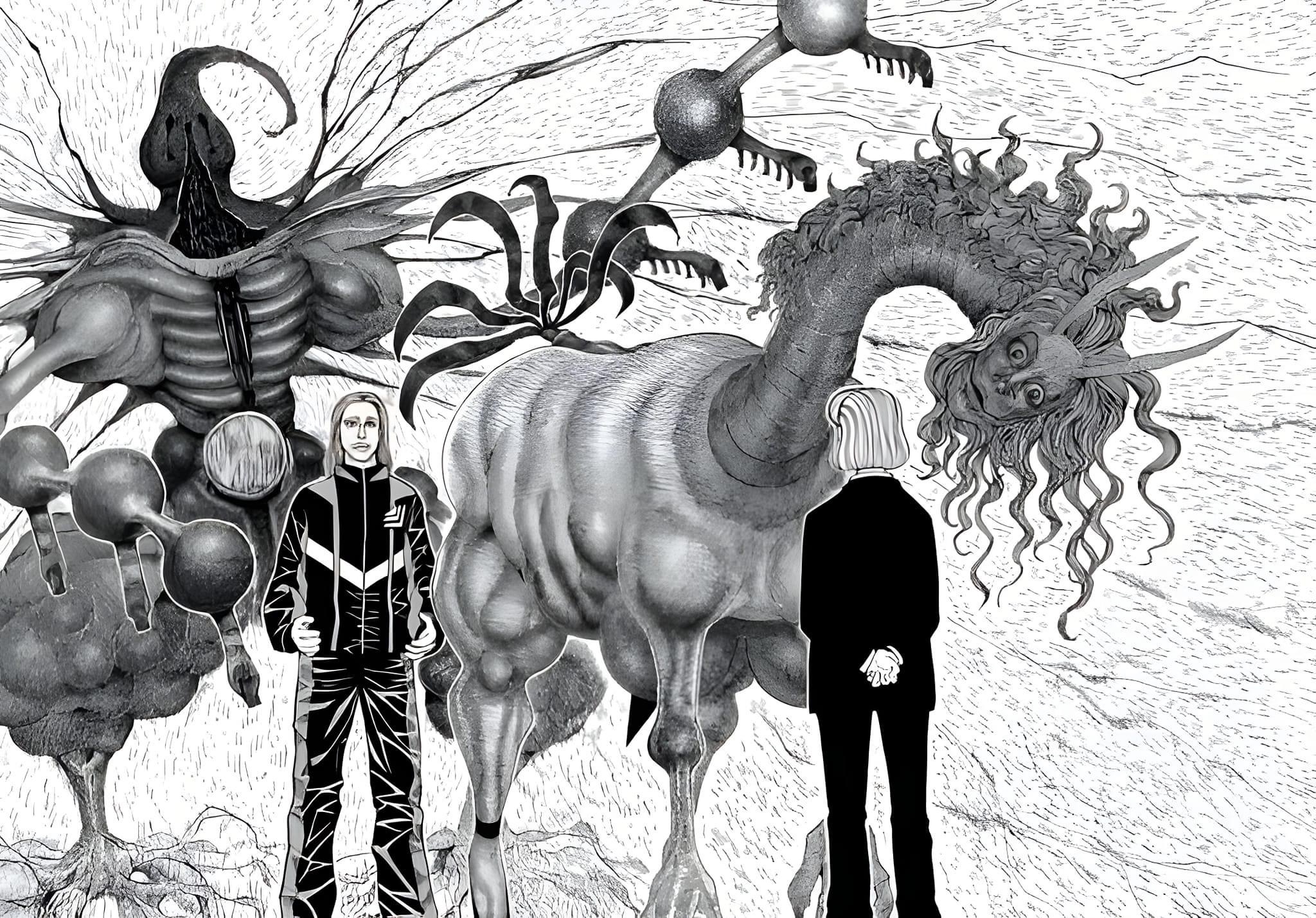 this illustration features two men standing among a collection of bizarre and unsettling creatures. the creatures appear to be inspired by a combination of organic and mechanical elements, creating a surreal and slightly disturbing atmosphere. the scene is rendered in a highly detailed, black and white style characteristic of manga or graphic novel art.